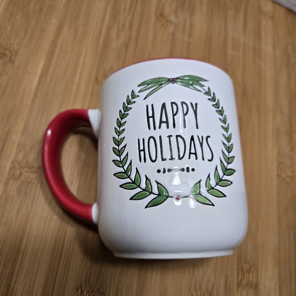 HAPPY HOLIDAYS Christmas Coffee Mug Tea Cup Red Handle